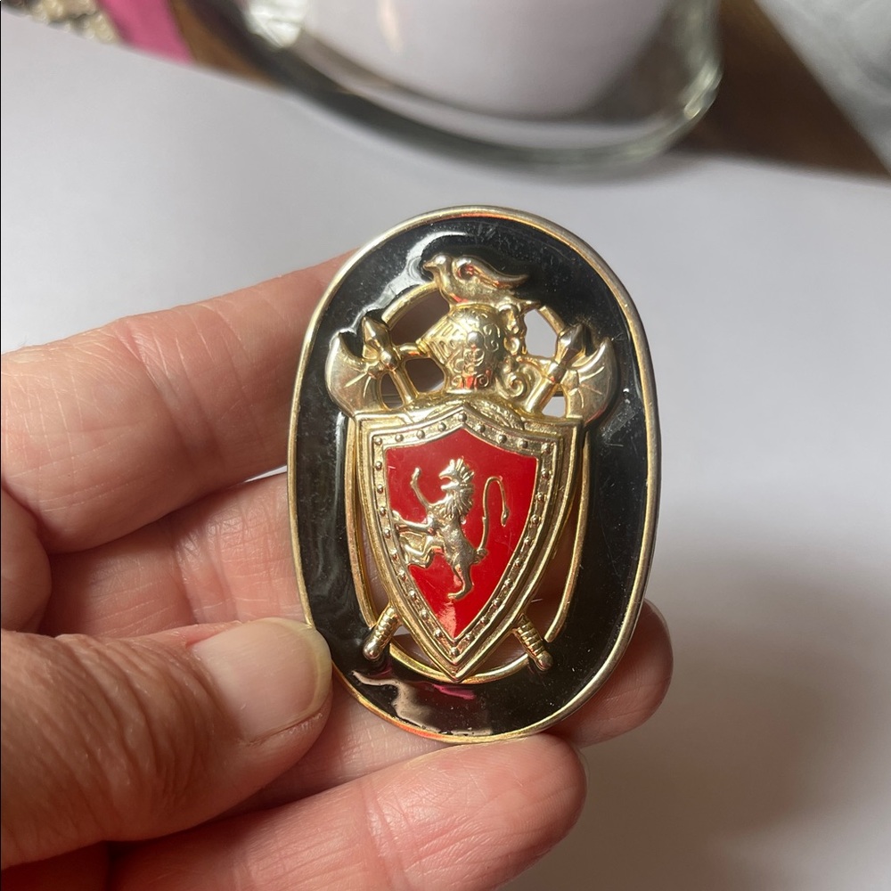 Gold Shield Crest Pin with Red & Black Enamel